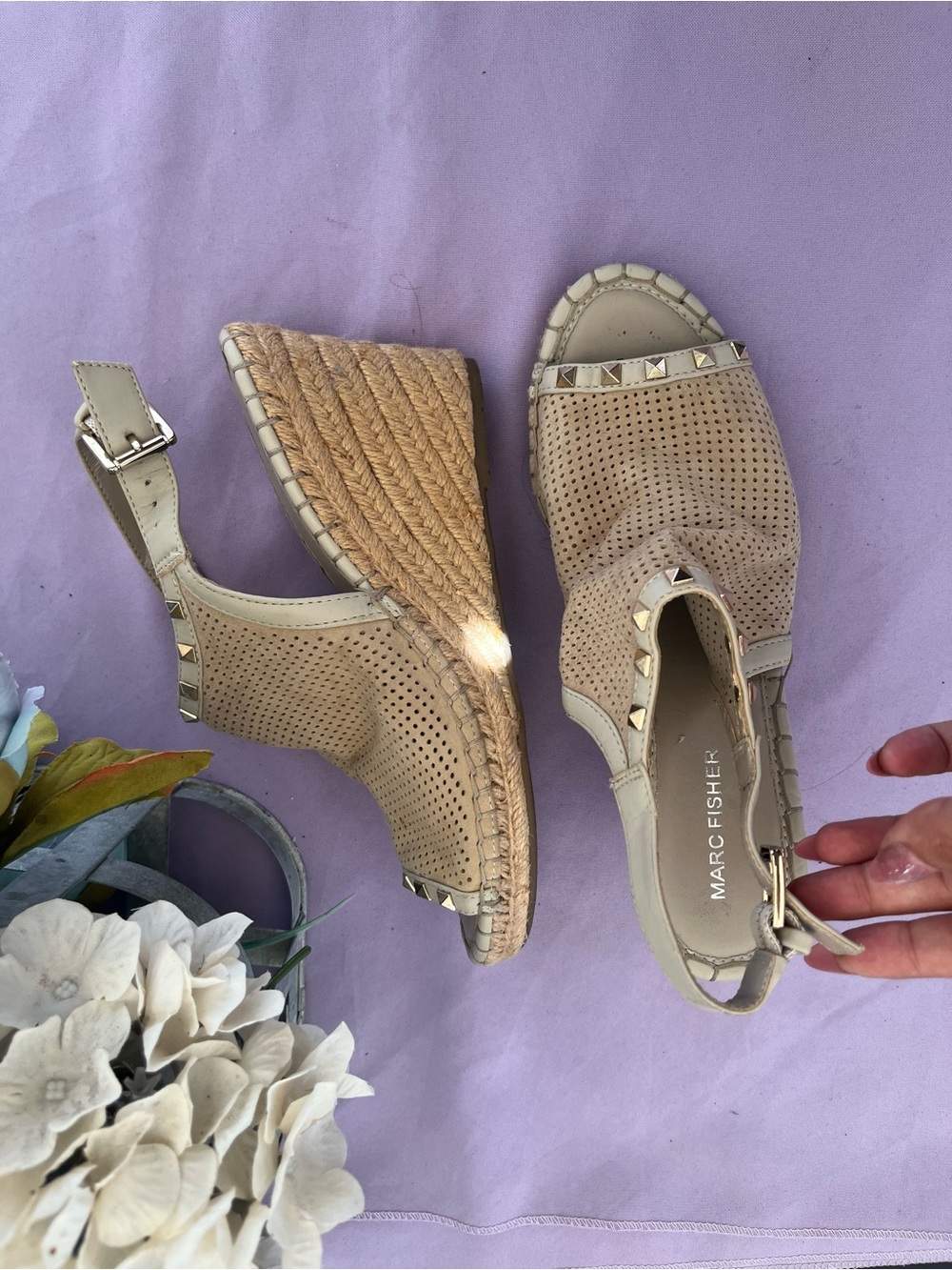 Marc Fisher Taupe Perforated Espadrille Wedge Sandals with Stud Accents